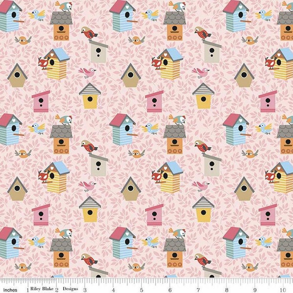 Birds and Birdhouses Pink Fabric, Cat's Meow fabric, Riley Blake Designs