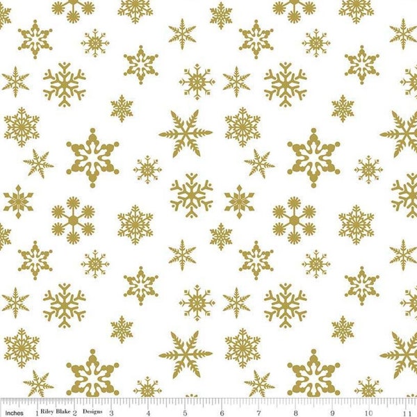 Snowflake Print Fabric, Gold Sparkle Snowflakes Fabric, Riley Blake Designs