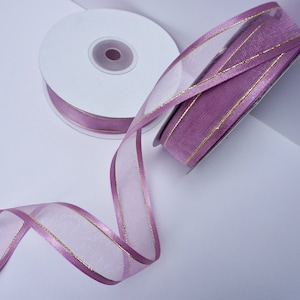 Sheer Mauve Ribbon with Satin Edges and Metallic Thread, 25 yards ribbon