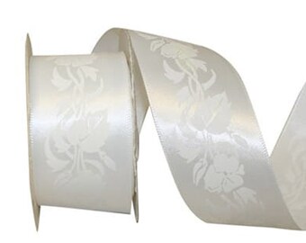 White Floral Print Satin Ribbon, White on White print ribbon