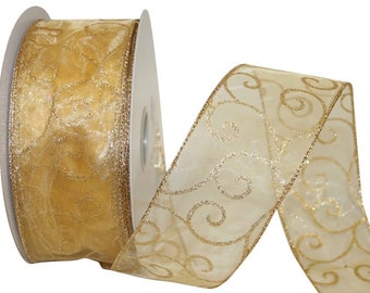 May include: A roll of gold ribbon with a translucent, shimmering finish. The ribbon displays a subtle, swirling design in a lighter gold hue, lending a touch of sophistication. Suitable for gift wrapping, crafts, or decorative uses.