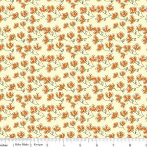 May include: A seamless pattern featuring small orange flowers with white outlines on a light yellow background. The flowers are arranged in a repeating pattern, creating a delicate and whimsical design.