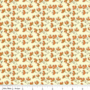 May include: A seamless fabric pattern featuring a repeating design of orange flowers with green stems on a light yellow background.