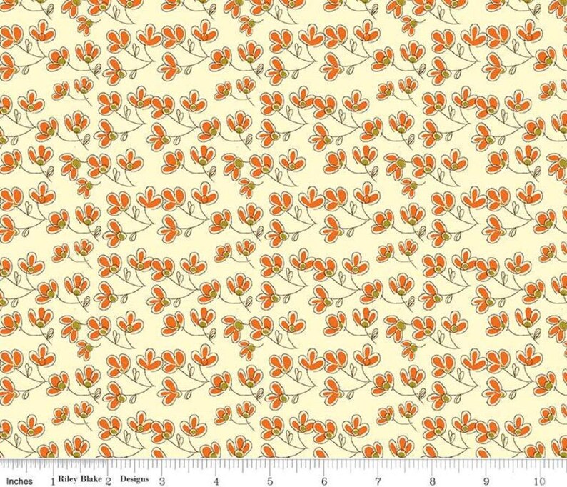 May include: A seamless fabric pattern featuring a repeating design of orange flowers with green stems on a light yellow background.