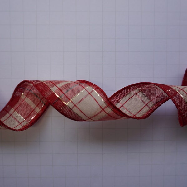 Red and Cream Plaid Christmas Ribbon, 1.5", 5 Yards Plaid Ribbon