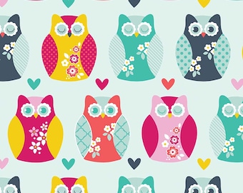 Flannel Owl Print Fabric, Riley Blake Designs Aqua Owls and Hearts Fabric