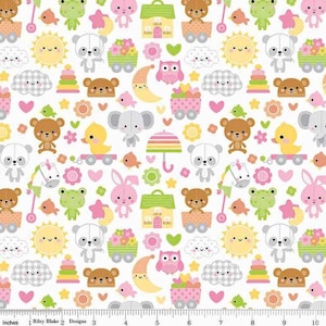 May include: A white background with a repeating pattern of cute animal and object illustrations. The illustrations include a variety of animals such as bears, owls, pandas, frogs, and fish. The objects include hearts, stars, clouds, and a variety of toys. The illustrations are in a variety of colors, including pink, yellow, green, blue, and brown.