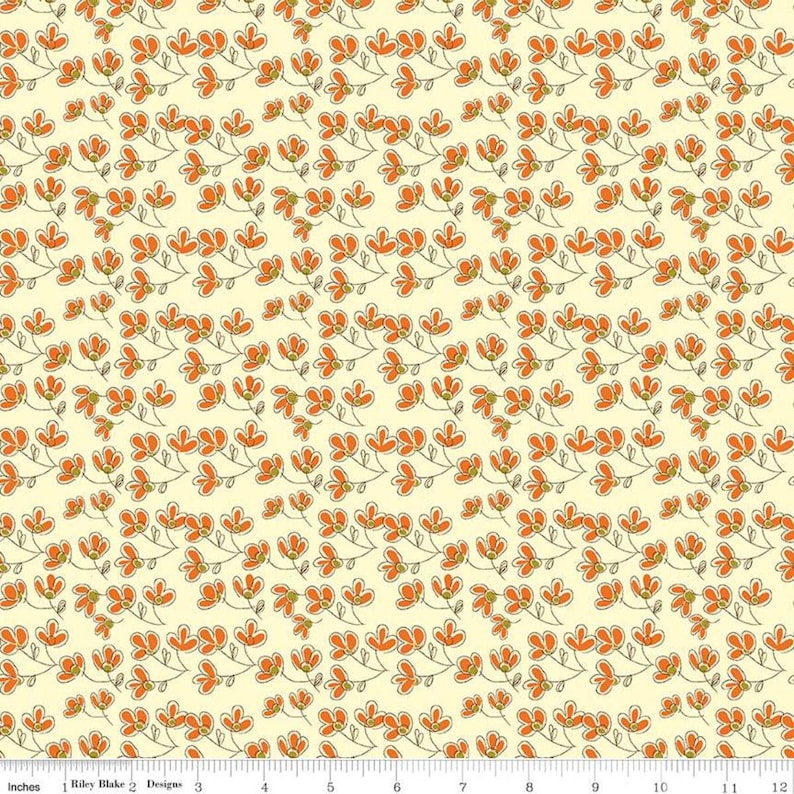 May include: A seamless pattern featuring small orange flowers with white outlines on a light yellow background. The flowers are arranged in a repeating pattern, creating a delicate and whimsical design.