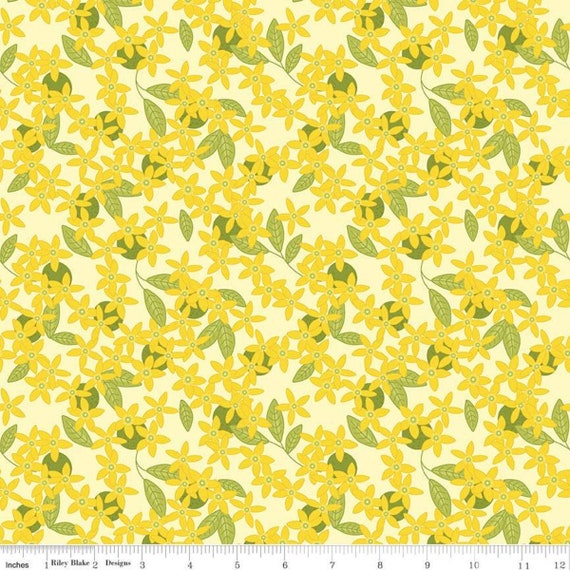 Yellow Floral Print Fabric, Grove Blossoms Lemonade Print, Riley Blake