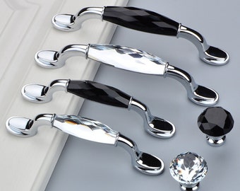 3.78" 5" Glass Dresser Drawer Handles Pulls Knob Chrome Clear Black Modern Crystal Cupboard Cabinet Handle Pull Home Hardware 96 128mm