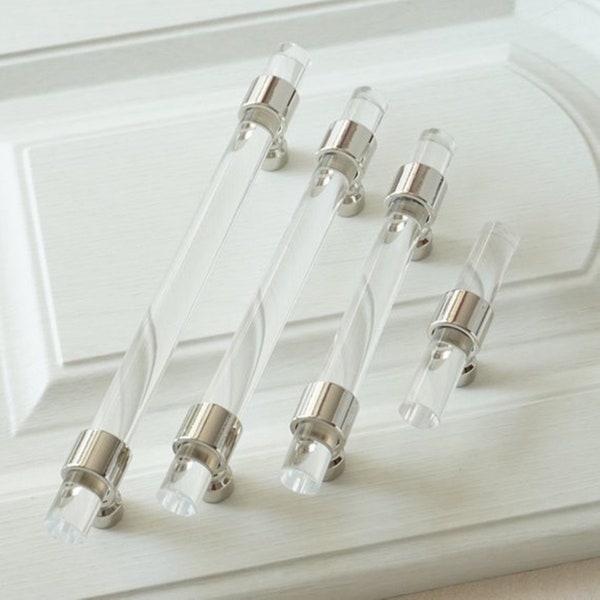 4" 5"  5.5" 6.3" 7.55" 10.0" 14‘’Clear Silver Lucite Dresser Pull Wardrobe Handles Drawer Pull  Acrylic Cabinet T Bar Pulls Decor Customsize