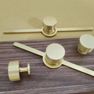 Pu&ograve; includere: Pomelli e maniglie dorate per mobili. I pomelli hanno una forma cilindrica con scanalature verticali e le maniglie hanno un pomello circolare con una barra piatta. L'hardware &egrave; esposto su una superficie di legno scuro.