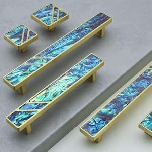 Tiradores de concha natural para gabinetes, tiradores de latón de lujo para cajones, tiradores de concha verde y blanca para cocina, tiradores cuadrados, tiradores para tocador.