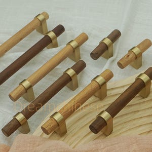 Natural Walnut Wood Cabinet Knobs Pulls Beech Wood Kitchen Handles Drawer Pulls Brass base Wardrobe Pull Closet Pull Wooden  Dresser Knobs