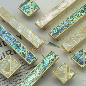 Tiradores de concha natural de lujo para gabinetes, tiradores de cajón, tiradores cuadrados de latón, verde y blanco, tiradores de tocador, herrajes para gabinetes de cocina.