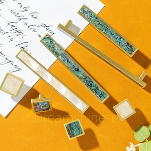 Pomo o tirador de latón con acabado de concha natural para armarios - Tiradores de cajón verdes y blancos, lujosas manijas para puertas