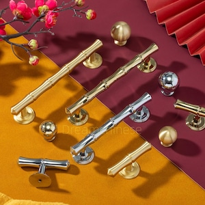 Bouton de meuble ou poignée de tiroir en laiton doré - Poignées de cuisine style bambou, quincaillerie d'armoire