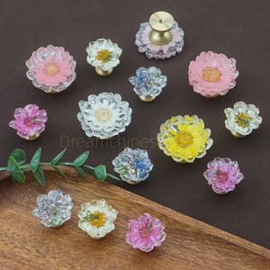 Colorful Flower Drawer Knobs,Clear White Blue Pink Cabinet knobs,Resin Brass Gold Kitchen Knob handle, Wardrobe knob,Gift Home Deco