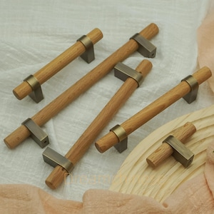 Natural Wood Cabinet Handles Knobs Walnut Kitchen Handles Beech Drawer Pulls Bronze base Wardrobe Pull Closet Pull Wooden  Dresser Knobs