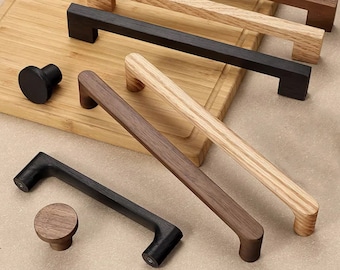 Natural  Walnut Oak Wood Drawer Pulls Handles Simple Kitchen Hardware Dresser Handle Minimalism Pulls Wooden Drawer Pull Round Knob