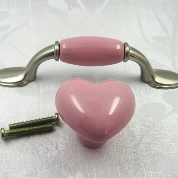 3.0" Pink Dresser Knob Pull Drawer Pulls Handles Heart Knobs Ceramic Kitchen Cabinet Handle Pull Knob Baby Girls Kids Children Hardware