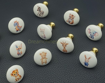 Ceramiczna gałka do szafki w kształcie zwierzęcia: podstawa mosiężna, dekoracja pokoju dziecięcego