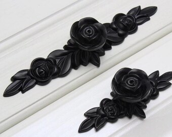 Black Rose Knobs Flower  Pulls Handles/ unique cabinet pulls /  Drawer Pull Handles Dresser Pulls Handles  Hardware Kitchen  K01