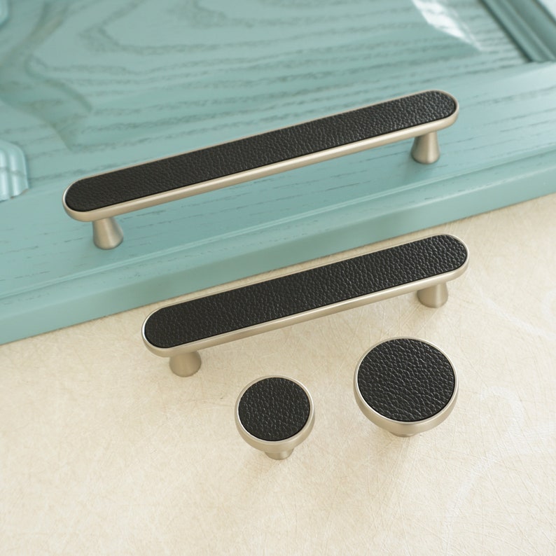 3.78 5 Black Leather Drawer Pulls Handles Brushed Nickel Kitchen Cabinet Door Handle Modern Dresser Knobs Closet Wardrobe Handles Decor