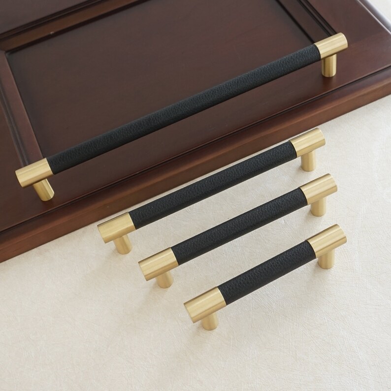 3 4 3.78 5 6.3 8.8 10 Black Leather Drawer Pulls Knobs Brass Kitchen Cabinet Door Handle Closet Wardrobe Handles Pulls Dresser Knobs
