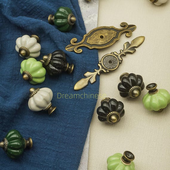 Seimneire 4 pomos de calabaza verde azulado, manijas de gabinete de cerámica vintage, tiradores de puerta de cajón de tocador con tornillos de montaje