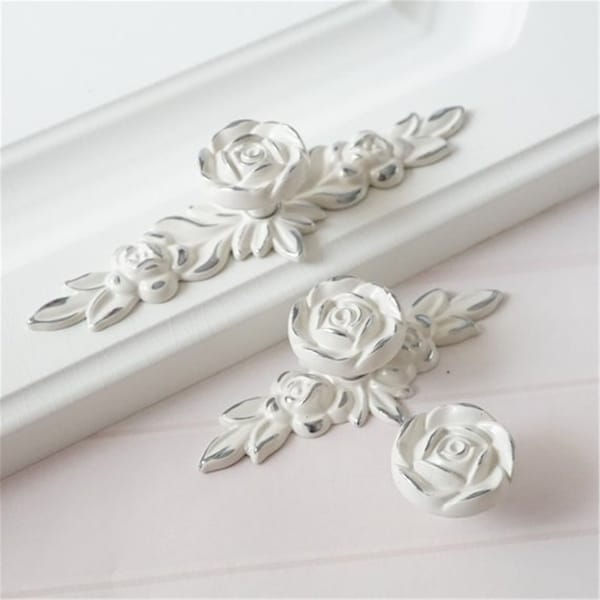 Flower Dresser Handles back plate Drawer Knobs Pulls Handles Creamy White Silver Rose knob Shabby Chic Kitchen Cabinet Knobs Handles