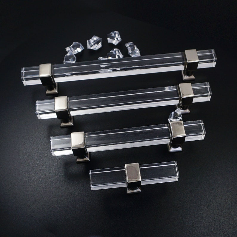 Square Acrylic Drawer Pulls Knobs Silver Clear Dresser Knobs Etsy