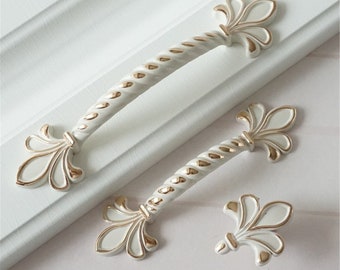 2.5" 3.75" 5" Shabby Chic Dresser Pulls Knobs Drawer Pulls Handles Knobs White Cream Gold Kitchen Cabinet Handle Pull Knob 64 96 128 mm