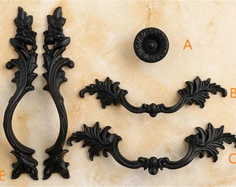 Black Cabinet Door Handle Pulls Drawer Pull Handles Dresser Pulls Leaf Handles Knob Kitchen Hardware Retro Ornate French Provincial Vertical