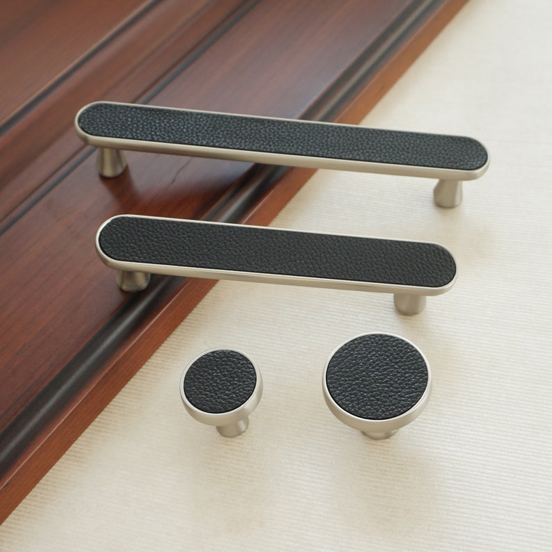 3.78 5 Black Leather Drawer Pulls Handles Brushed Nickel Kitchen Cabinet Door Handle Modern Dresser Knobs Closet Wardrobe Handles Decor