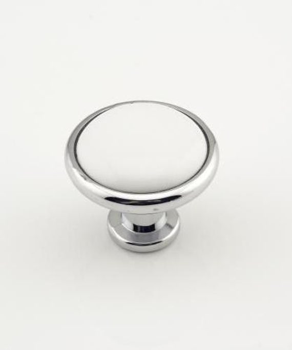 White Ceramic Knobs Round Silver Tone Design /kitchen Etsy