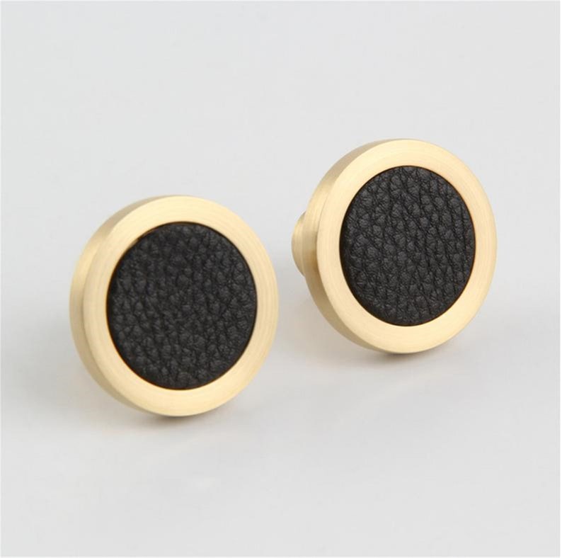 3 4 3.78 5 6.3 8.8 10 Black Leather Drawer Pulls Knobs Brass Kitchen Cabinet Door Handle Closet Wardrobe Handles Pulls Dresser Knobs