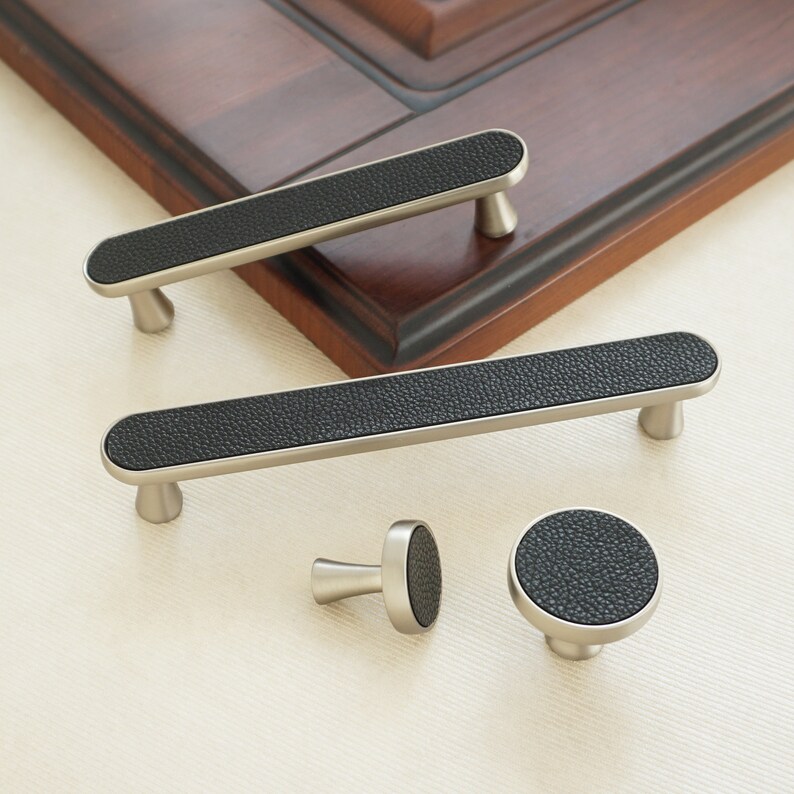 3.78 5 Black Leather Drawer Pulls Handles Brushed Nickel Kitchen Cabinet Door Handle Modern Dresser Knobs Closet Wardrobe Handles Decor