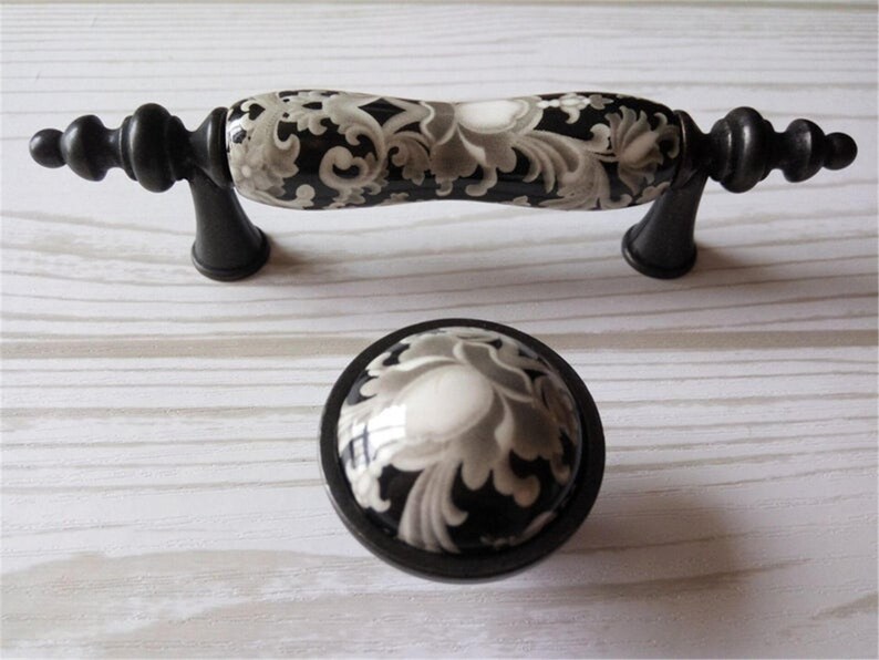3 Antique Black Ceramic Knobs Dresser Knob Pull Drawer Etsy