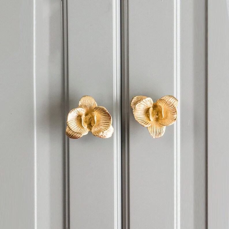Orchid Gold Brass Knobs and Pulls Flower Drawer Knobs Etsy