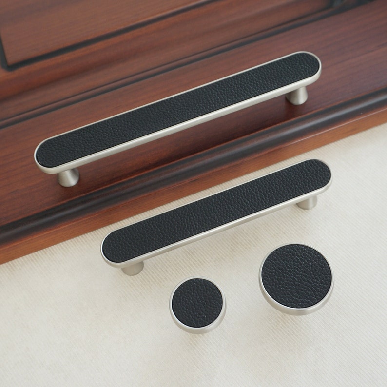 3.78 5 Black Leather Drawer Pulls Handles Brushed Nickel Kitchen Cabinet Door Handle Modern Dresser Knobs Closet Wardrobe Handles Decor