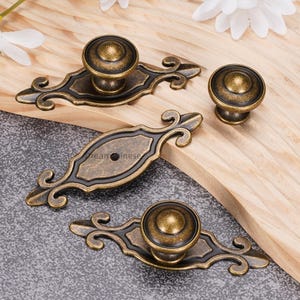 Antique Brass Silver Dresser Drawer Knobs, Rustic Cabinet Handle Pulls with Backplate