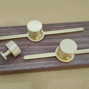 Pu&ograve; includere: Un set di ferramenta dorata per armadi, tra cui due maniglie e un pomello, disposti su una superficie in legno scuro. Le maniglie hanno un'impugnatura circolare con scanalature verticali e una barra piatta. Il pomello ha un design simile.
