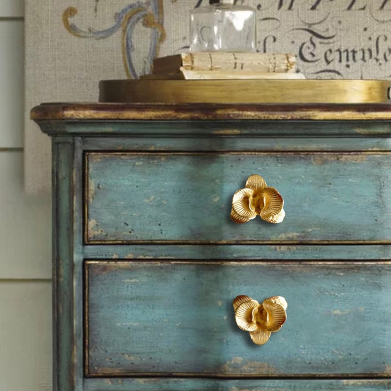 Orchid Gold Brass Knobs and Pulls Flower Drawer Knobs Etsy