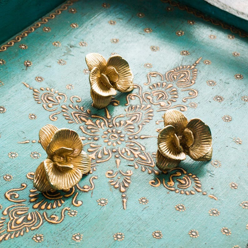 Orchid Gold Brass Knobs and Pulls Flower Drawer Knobs Etsy