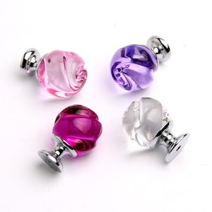 Flower Crystal Glass Knob Dresser Drawer Knobs Pull Cabinet Door Pulls Colorful Pink Purple Rose Red Transparent