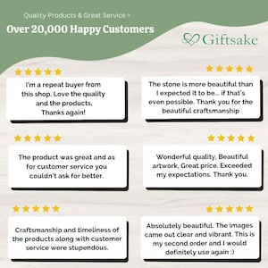 May include: A graphic display featuring the Giftsake logo and the text Quality Products & Great Service = Over 20,000 Happy Customers. It includes six white rectangular boxes, each containing a five-star rating and a customer review text.