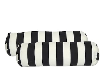 SET OF 2 - Indoor / Outdoor Decorative Bolster Neckroll Pillows - Black and White Stripe