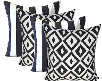 SET OF 4 - Indoor / Outdoor 17" Square Decorative Throw Pillows - Black and White Aztec Geometric & Black and White Stripe