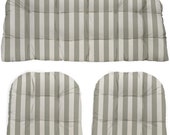 Gray Grey and White Cabana Stripe Outdoor Fabric Cushions for Wicker Loveseat Settee 2 Matching Chair Cushions 3 Piece Cushion Set